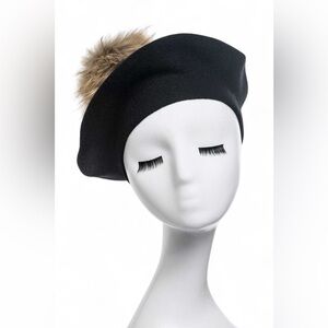Black Cashmere Blended French Beret with Raccoon Fur Pom Hat
